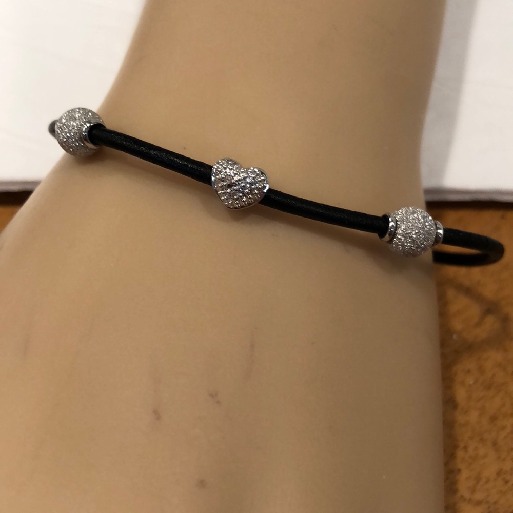Diamond Leather paved heart bracelet& silver